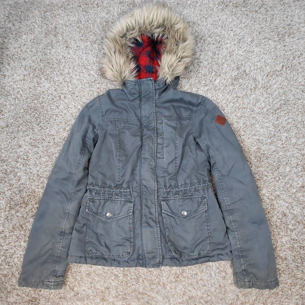 Vintage Hollister Jacket Womens Small Grey Blue Bella Swan Fur Hood Plaid Lined